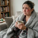 Femme enrhumée enveloppée dans une couverture sur son canapé pendant la période d'incubation de la grippe