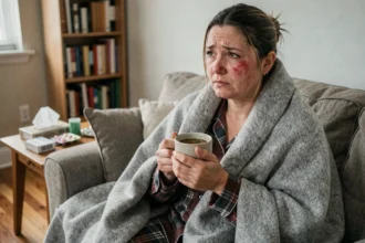 Femme enrhumée enveloppée dans une couverture sur son canapé pendant la période d'incubation de la grippe