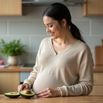 Femme enceinte coupant un avocat dans la cuisine chaleureuse