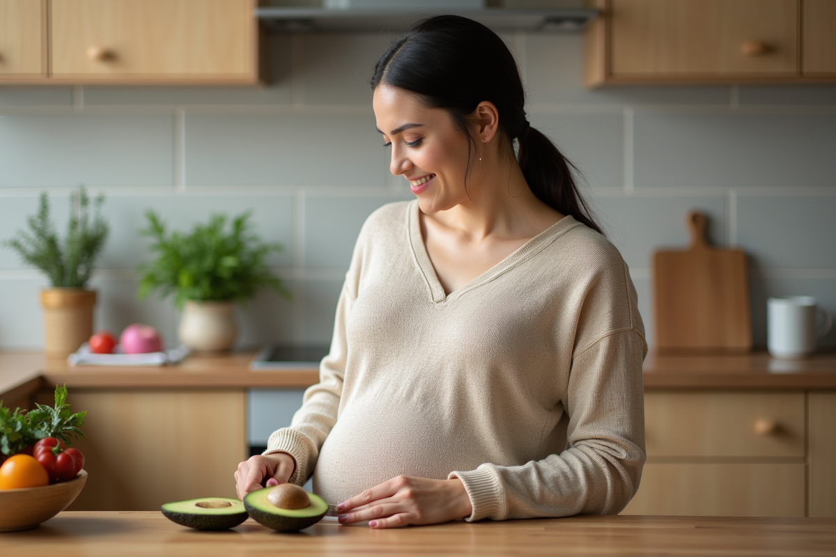 Femme enceinte coupant un avocat dans la cuisine chaleureuse
