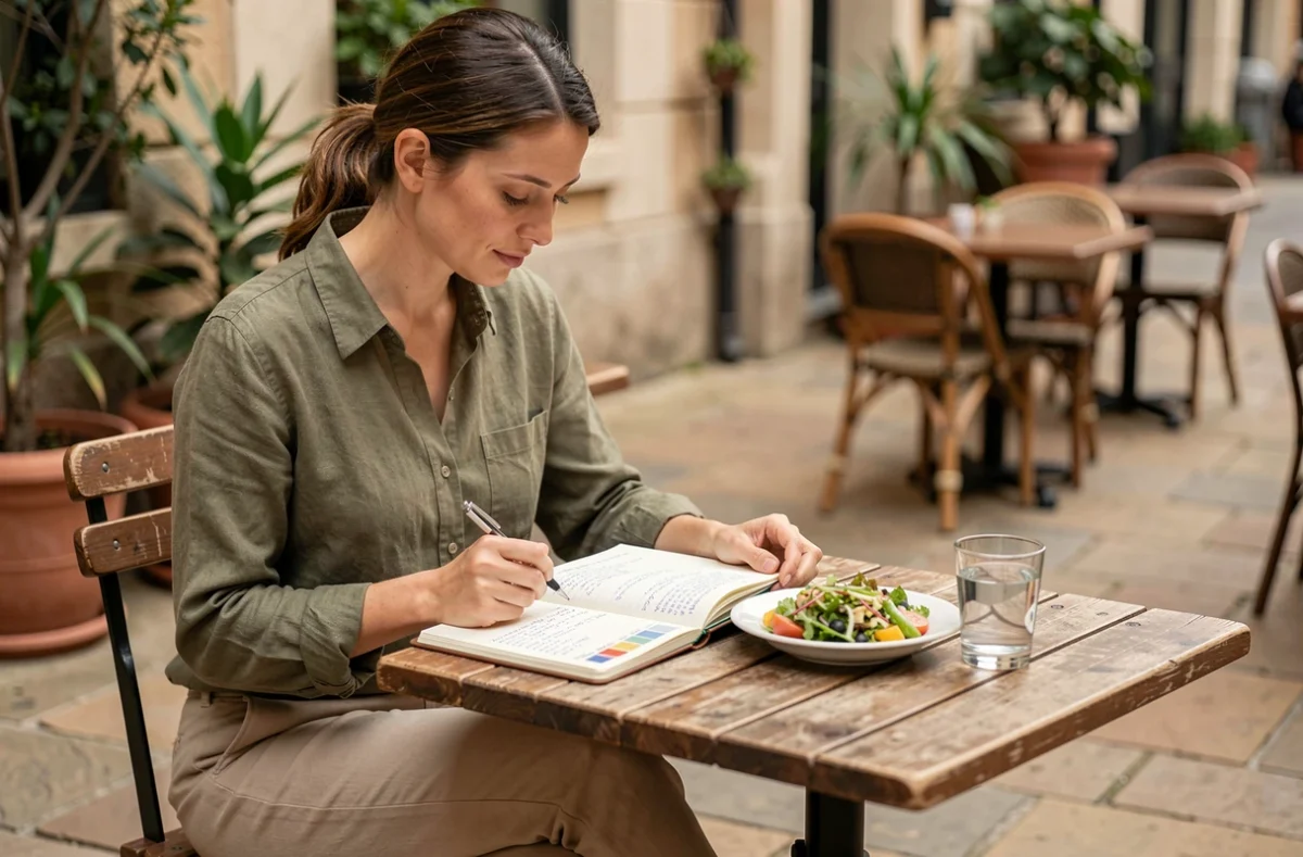 Femme consultant son journal alimentaire en terrasse pour gérer son poids à 1m60