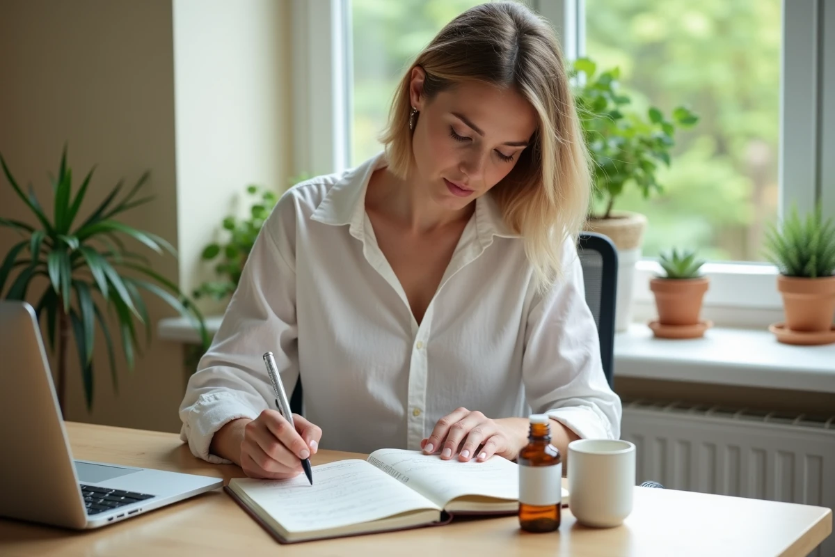 Femme consultant un journal bien-être avec une bouteille de complément minceur sur un bureau en bois