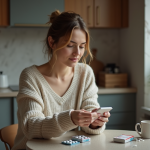 Femme lisant une boîte de médicaments anti-nausée à la maison