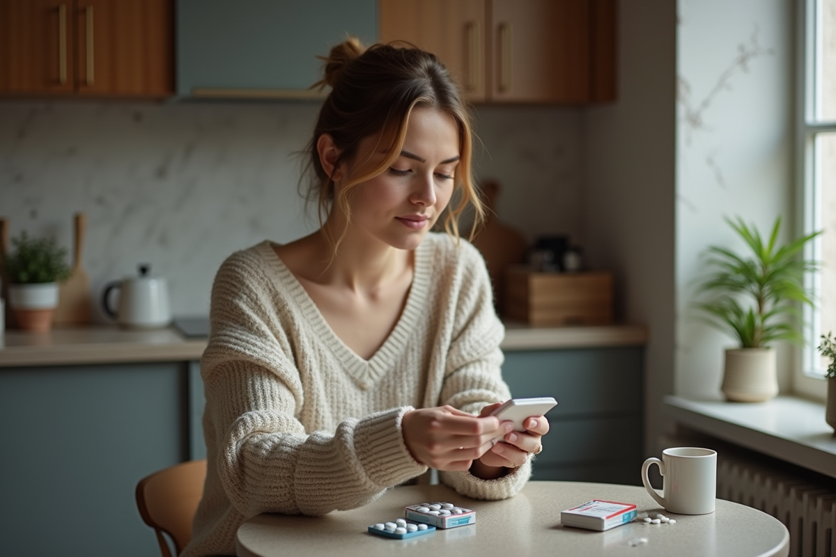 Femme lisant une boîte de médicaments anti-nausée à la maison