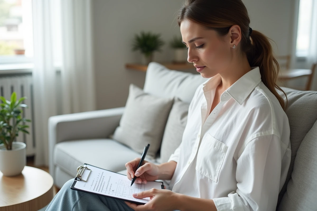 Femme remplissant une liste de symptômes médicaux chez elle pour préparer sa consultation sur les fourmillements dans les bras
