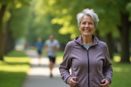 Femme souriante en marche dans un parc verdoyant