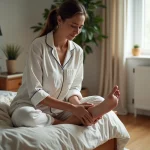 Femme d'âge moyen se massant la jambe dans un lit cosy