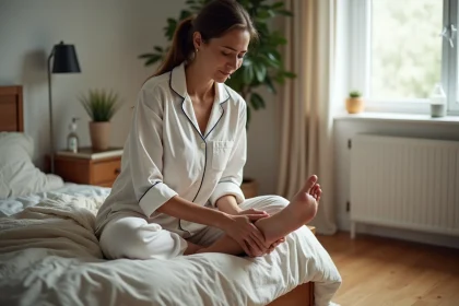 Femme d'âge moyen se massant la jambe dans un lit cosy