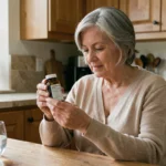 Femme mature lisant l'étiquette d'un complément alimentaire Glucavit à la maison, usage prolongé