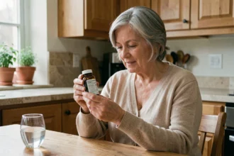 Femme mature lisant l'étiquette d'un complément alimentaire Glucavit à la maison, usage prolongé
