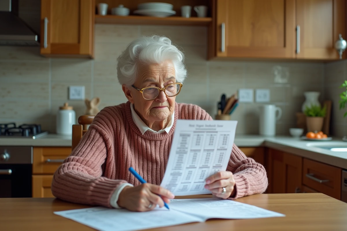 Femme âgée vérifiant son schéma de médicaments à la maison