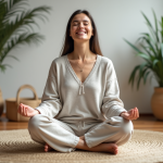 Femme méditant en intérieur avec linge naturel et plantes