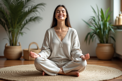 Femme méditant en intérieur avec linge naturel et plantes
