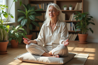 Femme méditant paisiblement dans un salon lumineux