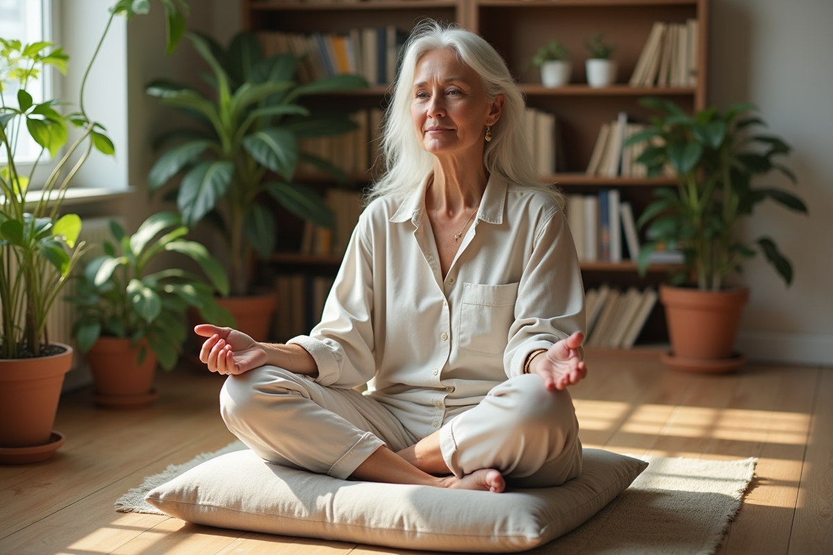Femme méditant paisiblement dans un salon lumineux