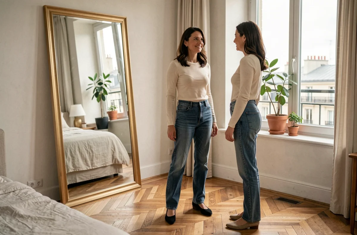 Femme dans la quarantaine devant un miroir en pied dans un appartement parisien, thème estime de soi et silhouette féminine