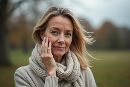 Femme d'âge moyen touchant sa joue en plein air