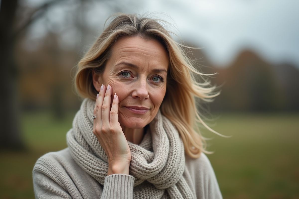 Femme d'âge moyen touchant sa joue en plein air