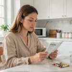Femme lisant la notice d'un médicament contraceptif à la cuisine avant de changer de pilule