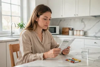 Femme lisant la notice d'un médicament contraceptif à la cuisine avant de changer de pilule