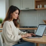 Femme brune en intérieur téléchargeant un formulaire santé