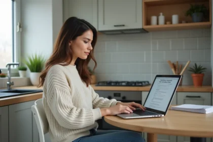 Femme brune en intérieur téléchargeant un formulaire santé