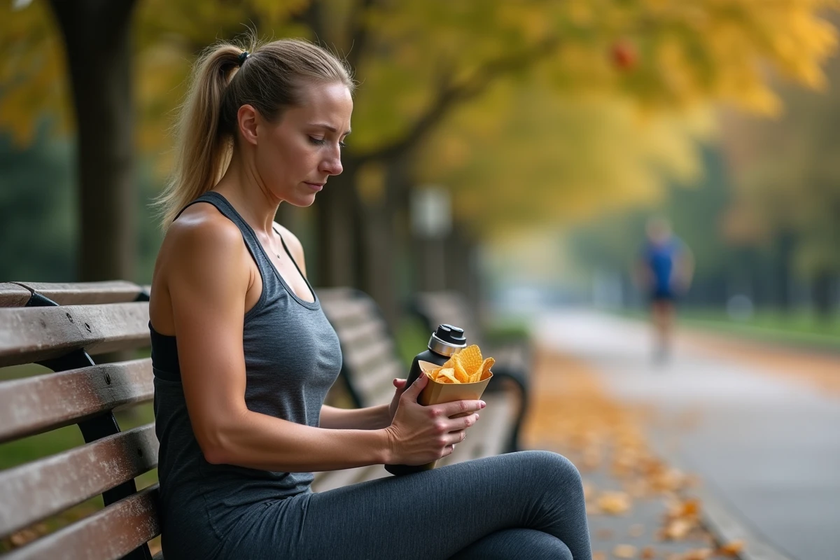 Femme en vêtements de sport regarde un sachet de chips dans un parc