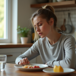 Femme en athleisure pensant à la cuisine lumineuse