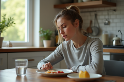 Femme en athleisure pensant à la cuisine lumineuse