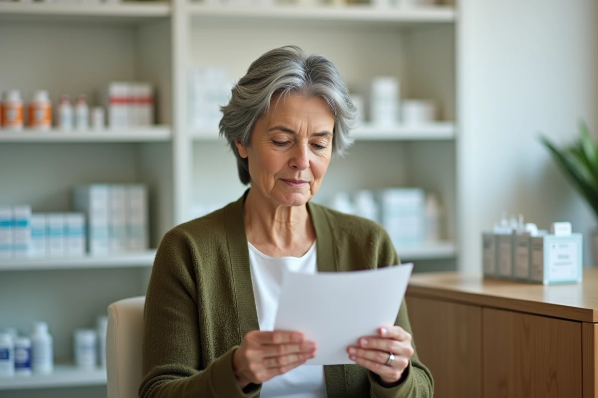 Femme lisant la notice d'un antidépresseur Brintellix dans une pharmacie pour comprendre les effets sur le travail et la conduite