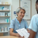 Femme de 60 ans lisant un document sur le prix du vaccin contre le zona dans une pharmacie moderne