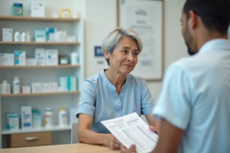 Femme de 60 ans lisant un document sur le prix du vaccin contre le zona dans une pharmacie moderne