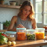 Jeune femme en forme préparant un repas coloré avec des contenants pour cycles de glucides