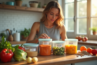 Jeune femme en forme préparant un repas coloré avec des contenants pour cycles de glucides