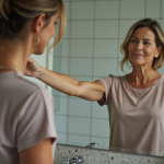 Femme d'âge moyen se regardant dans un miroir de salle de bain moderne