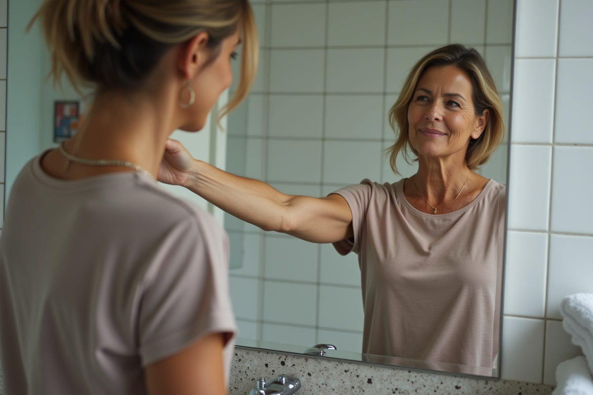 Femme d'âge moyen se regardant dans un miroir de salle de bain moderne