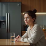 Femme contemplant le refrigerateur dans la cuisine