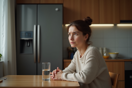 Femme contemplant le refrigerateur dans la cuisine