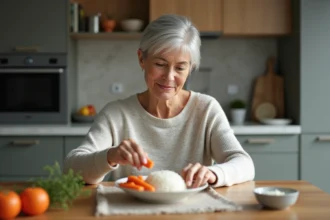 Femme d'âge moyen choisissant un repas dans la cuisine