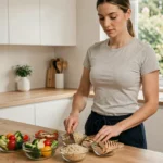 Femme préparant un repas équilibré dans une cuisine moderne pour stabiliser son poids à 1m60