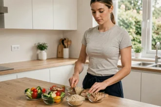 Femme préparant un repas équilibré dans une cuisine moderne pour stabiliser son poids à 1m60