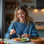 Femme souriante servant un repas équilibré dans un intérieur cosy