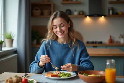 Femme souriante servant un repas équilibré dans un intérieur cosy