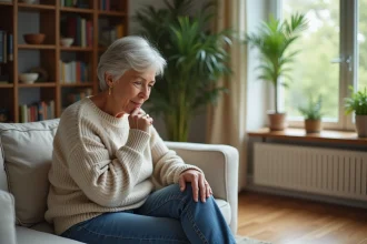 Femme de 50 ans en détente dans un salon chaleureux