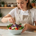 Femme préparant un grand saladier coloré avec des légumes peu caloriques dans une cuisine moderne