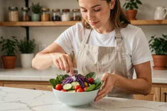 Femme préparant un grand saladier coloré avec des légumes peu caloriques dans une cuisine moderne