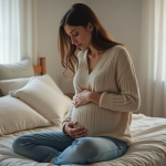 Femme assise sur le lit dans une chambre calme