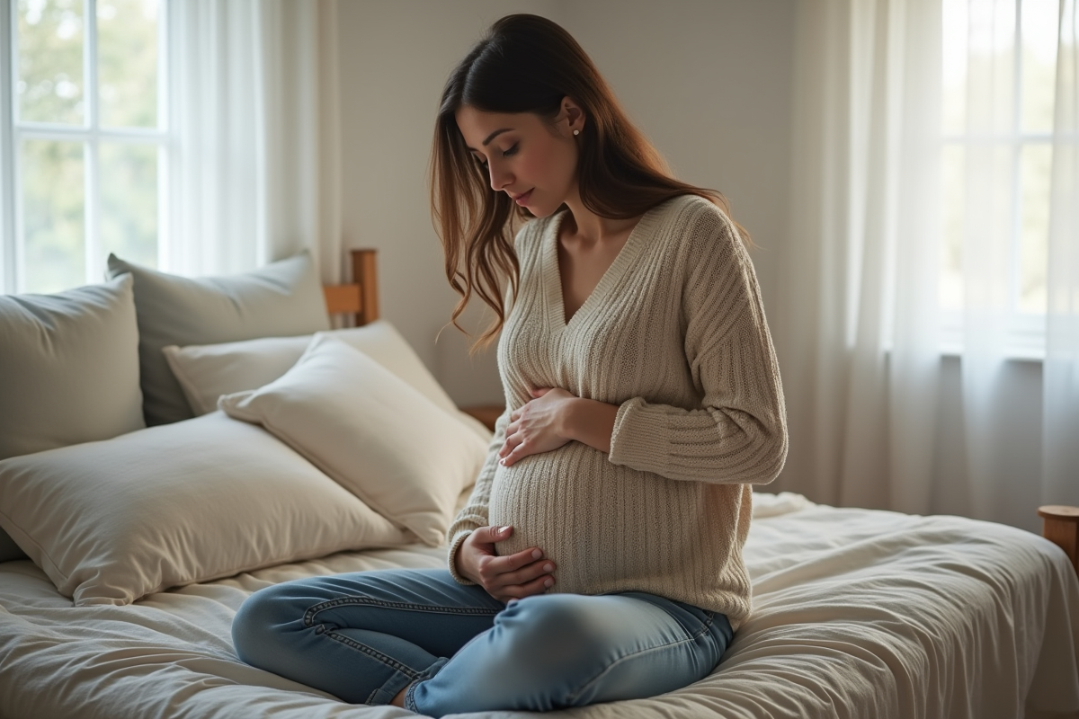 Femme assise sur le lit dans une chambre calme