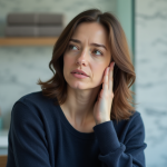 Femme pensant dans une salle de bain lumineuse