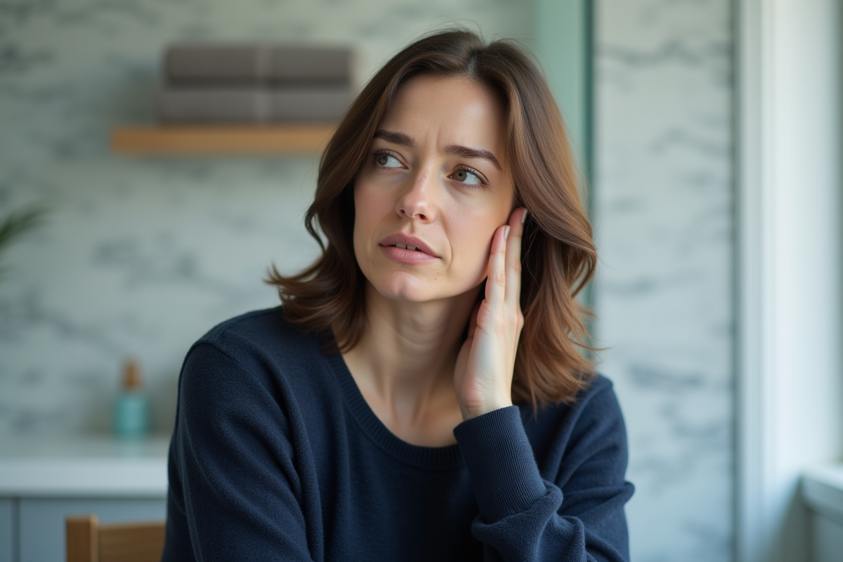 Femme pensant dans une salle de bain lumineuse